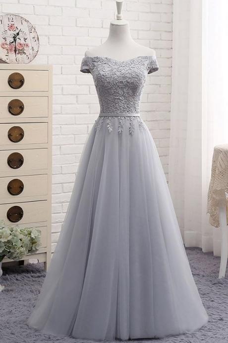 Gray tulle off shoulder long A-line senior prom dress, simple bridesmaid dress