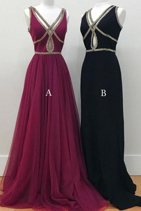 Prom Dresses,new fashion Prom Dresses,Simple hollow out long V neck evening dresses, long beaded tulle prom dress