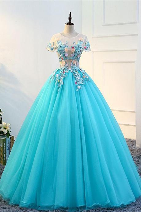 Quinceanera Dress,Sweet 16 Dresses,Blue tulle long round neck evening dress, long see through formal prom dress