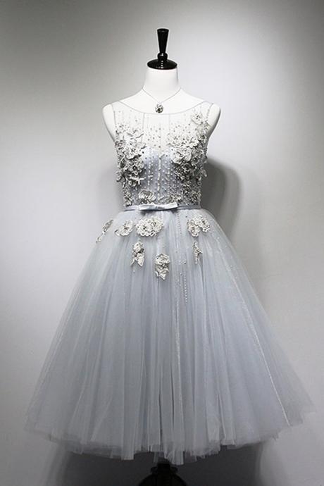 Gray tulle tea length beading party dress, spring halter prom dress