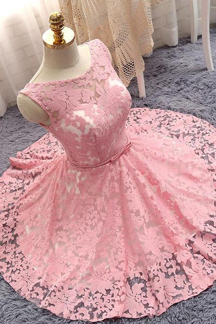 Lace Homecoming Dress, Bateau Prom Dresses,Lace-up Prom Gown,Short Prom Dress,Pink Party Dress,A Line Prom Dresses
