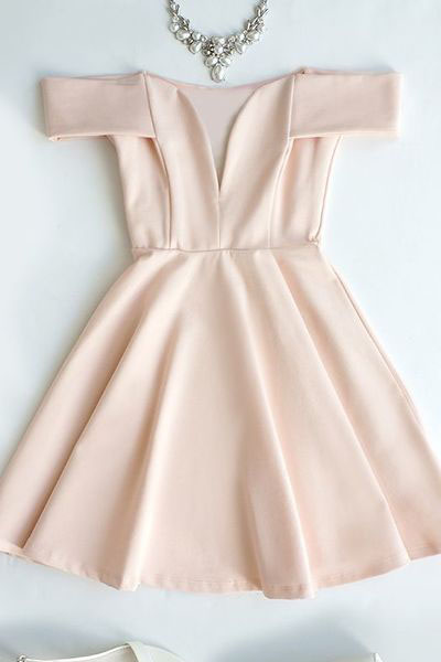 Cute Homecoming Dresses,Off-the-Shoulder Homecoming Dress,Light Pink Prom Dress,V-Neck Evening Dress,Short Party Dress