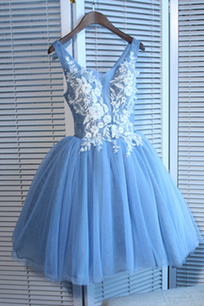 Blue tulle 3D flower short V neck prom dress, mini halter party dress