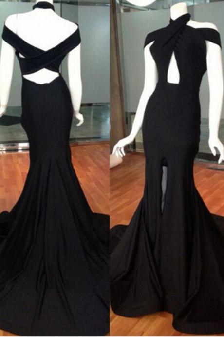 Long Black Satin Mermaid Prom Dresses High Slit Evening Dresses Backless Formal Gowns Sexy Party Pageant Dresses P0492