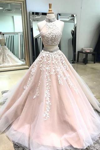 Champagne two pieces lace long prom dress,champagne evening dress P0947