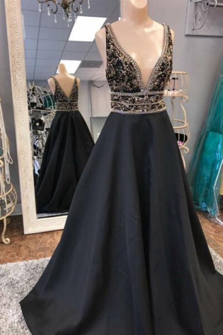Charming A-Line V-Neck Sleeveless Black Long Prom/Evening Dress With Beading P0990