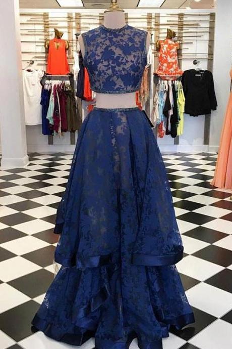 Dark blue lace two pieces long prom dress, dark blue evening dress P1102