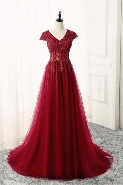 Burgundy v neck lace long prom dress, burgundy evening dress P1104