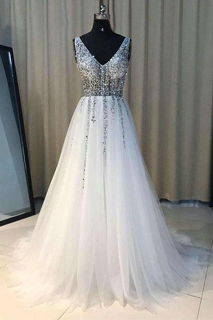White v neck tulle sequins long prom dress, evening dress P1221