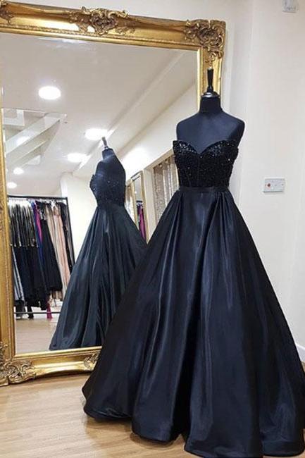 Black sweetheart neck long prom dress, black evening dress P1224