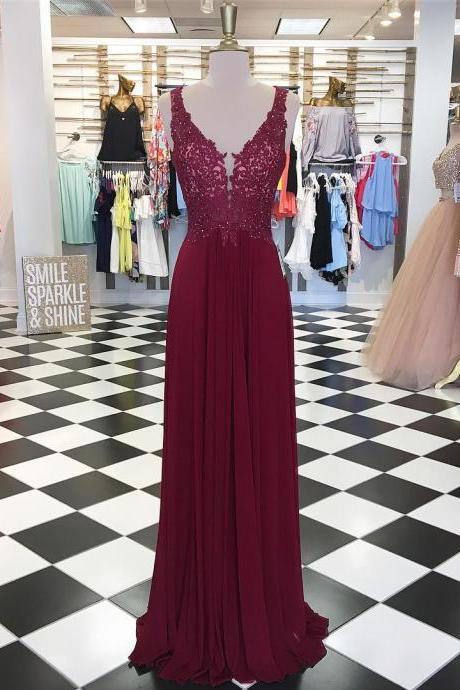 Elegant V Neck Burgundy Long Chiffon Prom Dress Evening Dress P1364