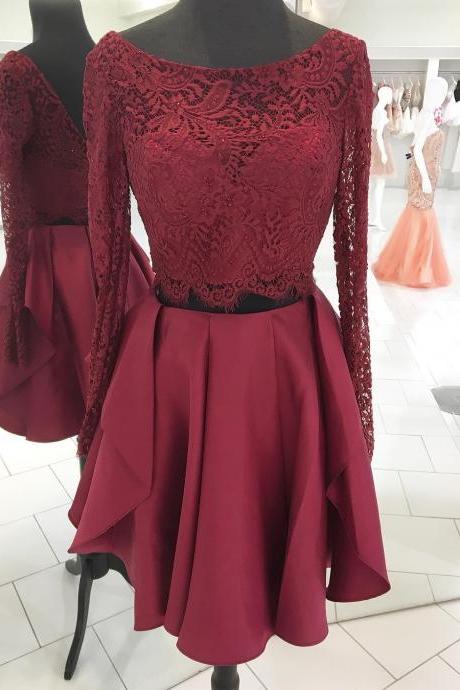 Long Sleeves Two Piece Short Burgundy Homecoming Dress Party Dress P1375