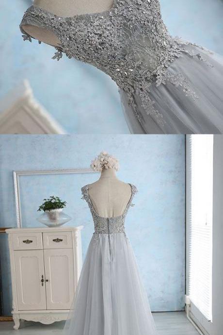 Gray Blue Long Prom Dresses with Appliques P1505