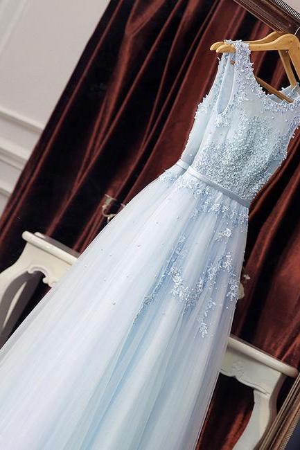 Elegant Light Sky Blue Tulle Long Prom Dresses with Appliques for Women P1520