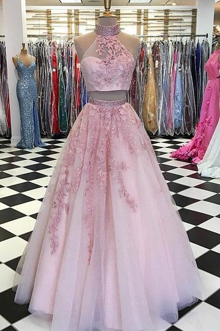 Pink two pieces lace tulle long prom dress, pink evening dress P1563