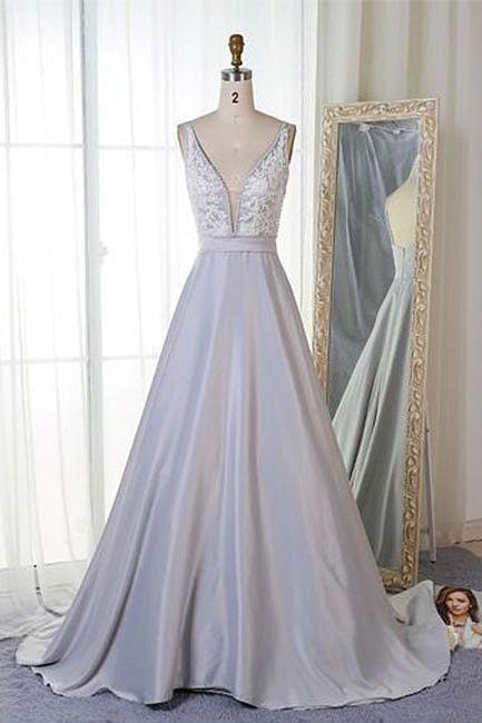 Gray v neck lace long prom dress, evening dress P1564