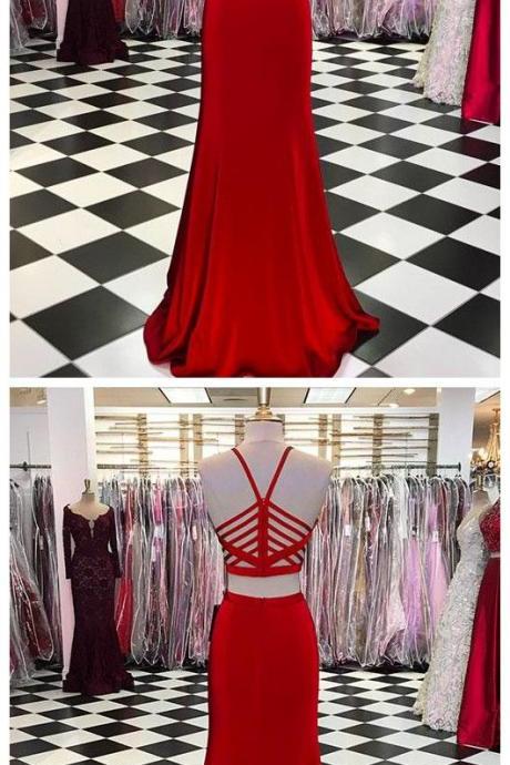 Simple two pieces burgundy long prom dress, evening dress P1627