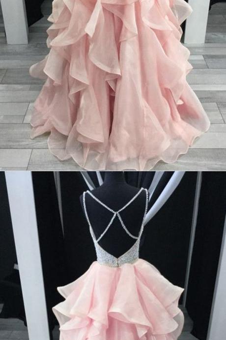 Charming Beading V-neck Cross Back Pink Prom Dresses Ball Gowns Organza Ruffles P1873