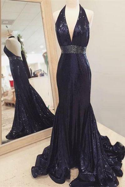 Mermaid Halter Backless Sweep Train Navy Blue Sequined Prom Dress with Ruffles, modest navy blue halter sequined long prom dresses, elegant backless mermaid evening gowns with ruffles P2473