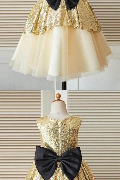 sparkle flower girl dresses, chic fashion wedding party dresses with bow for baby girl