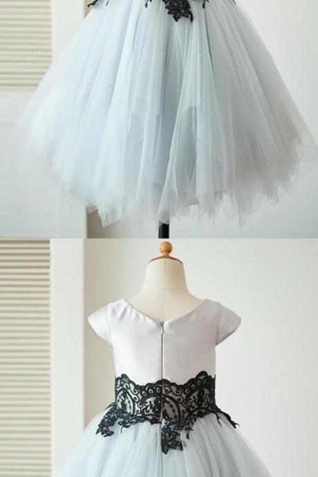 cute sliver flower girl dresses, sweet wedding party gowns with black appliques, fashion cap sleeves gowns for baby girl