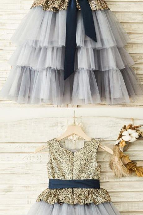 a-line fashion gowns for baby girls, sparkle fashion children dresses, cute grey flower girl dresses with sequins