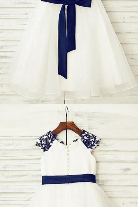 white & blue flower girl dresses,tulle flower girl dresses with belt, cute dress for little girls