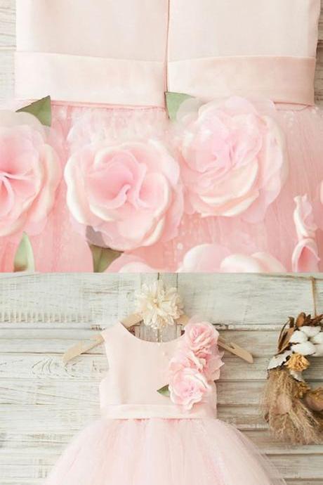 pink flower girl dresses,tulle dresses for little girl, pink little girl dresses with handmade flowers