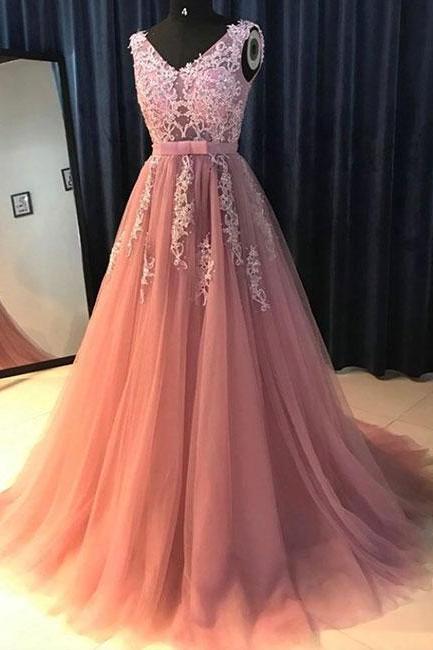 Pink v neck lace tulle long prom dress, evening dress