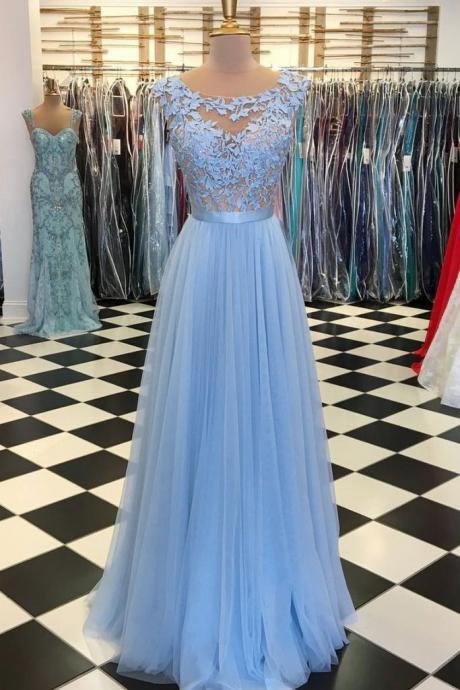 BLUE ROUND NECK TULLE LACE APPLIQUE LONG PROM DRESS, BLUE TULLE BRIDESMAID DRESS