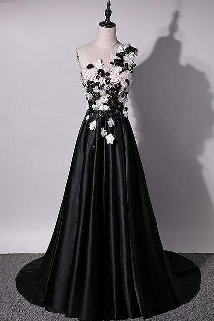 Black one shoulder long prom dress, black evening dress