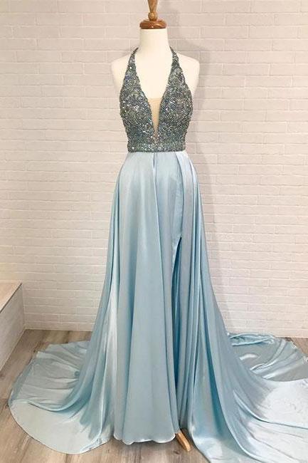 Blue v neck long prom dress,blue evening dress