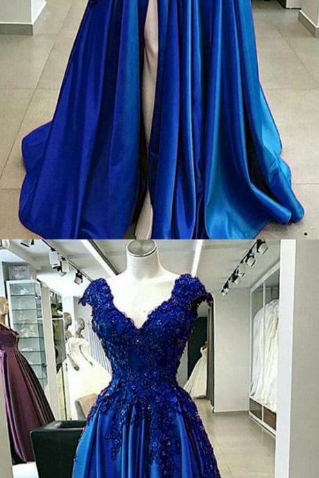 Royal Blue Lace Flowers Beaded Cap Sleeves V-neck Prom Dresses Split Evening Gowns