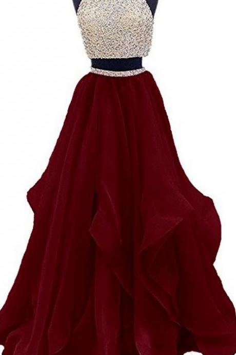 Two Piece Floor Length Burgundy Prom Dress Beaded Open Back Evening Gown 