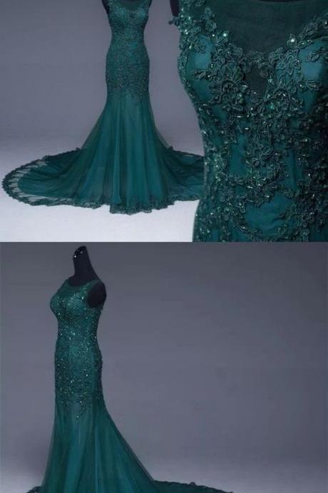 Lace Prom Dresses, Emerald Green Tulle Mermaid Prom Dresses Lace Appliques Formal Dress