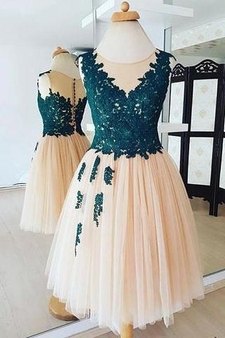 Champagne lace tulle short prom dress, homecoming dress