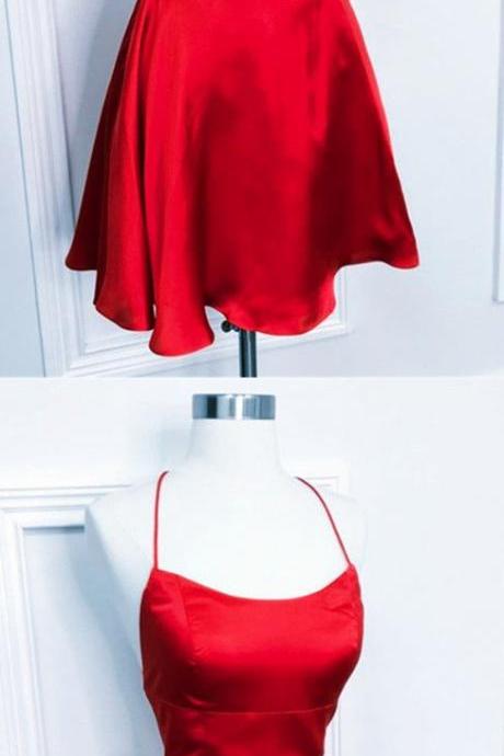 Red Satin A-line Halter Homecoming Dresses Backless Prom Mini Dress For Cocktail Party
