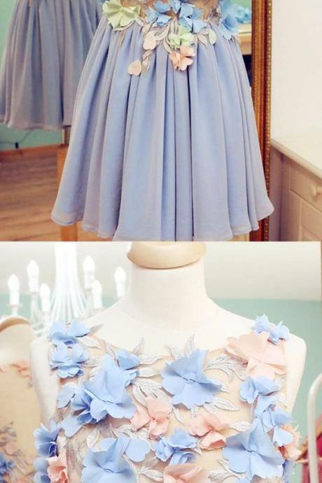 Cute Round Neck Embroidery Lavender Short Homecoming Dress with Flowers