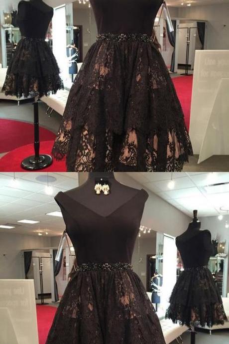 Black Short Lace Homecoming Dresses with Beading, Vintage Dresses for Freshman Homecoming