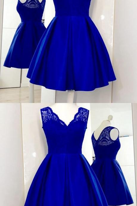 V-Neck Royal Blue Satin Short Homecoming Dress with Lace