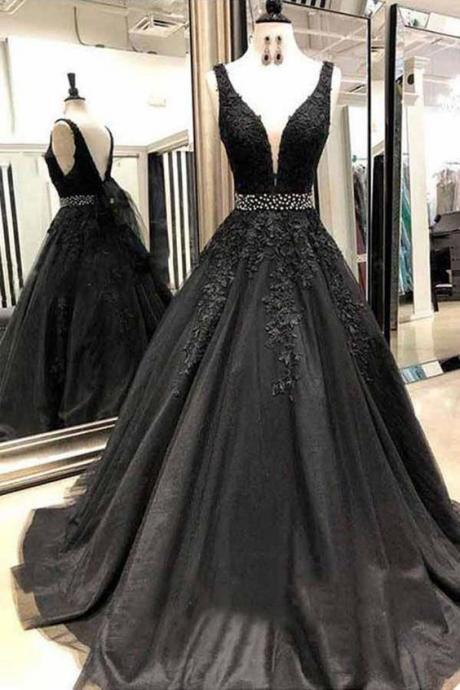 Black Appliques Prom Dress with Beaded Waist, A Line Tulle Long Graduation Dresses 