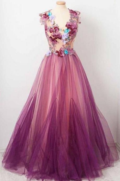 Chic A-line V neck Fuchsia Prom Dress With Floral Prom Dresses Long Evening Dress 