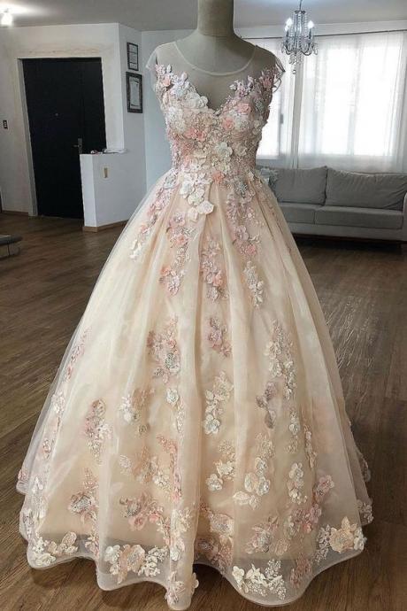 Puffy Sheer Neck Floor Length Party Dress with Appliques, Long Prom Dress with Flower 