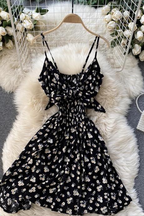 Black A line floral dress with bow