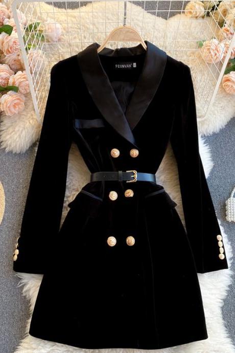 Suit British style slim fit black velvet dress