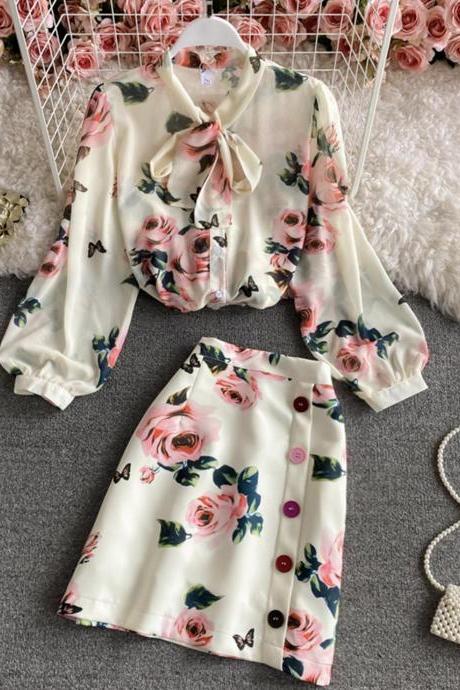 Stylish two pieces sets floral top+ skirt