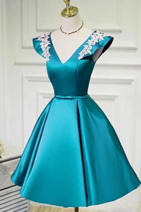 Lovely Teal Blue Satin Short Party Dress, Blue Homecoming Dress Formal Dress