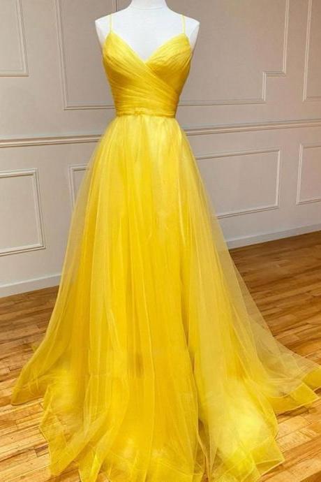 Simple V Neck Backless Yellow Tulle Long Prom Dresses, V Neck Yellow Long Formal Evening Dresses