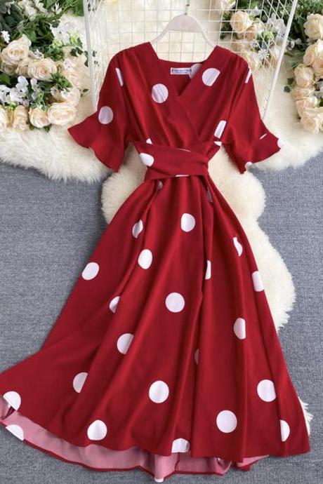 Simple v neck polka dot dress fashion dress