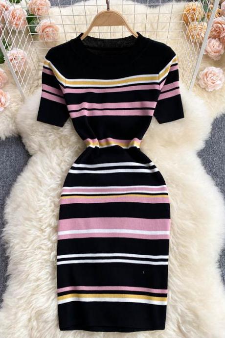 The new trendy design sense contrast color striped slim short knit bag hip skirt dress women